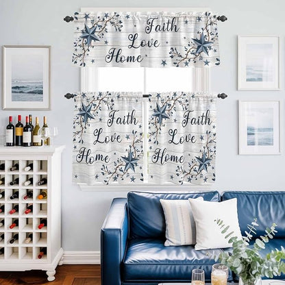 Kitchen Curtains Tiers and Valance Set of 3, Farmhouse Light Filtering Window Curtain Set, Blue Country Texas Star Vintage Berries Wooden Rod Pocket Curtain Drapes for Living Room, 36 Inches Tiers
