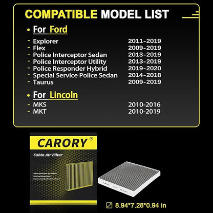 Cabin Air Filter w/Activated Carbon for Ford Explorer 2011-2019, Flex 2010-2019, Taurus 2009-2019, Police Responder Hybrid 2019-2020, Lincoln MKS 2010-2016, MKT 2010-2019 and More