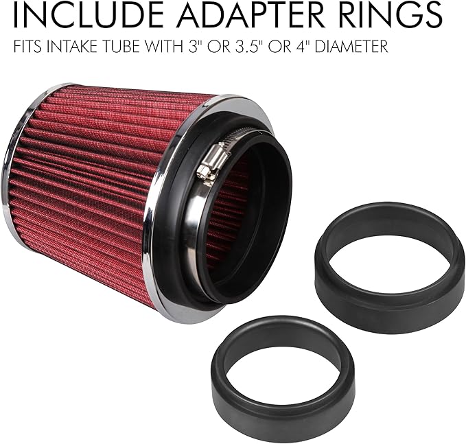 Cartman Clamp-On Engine Air Filter, Fit Intake Tube with 3/3.5/4in Diameter, Premium High Performance Replacement Filter, Washable and Reusable, Round Tapered, Red