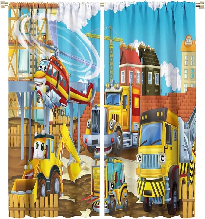 Kids Cartoon Construction Window Curtains, Funny Construction Site Cars and Helicopter Rod Pocket Decorative Windows Curtain for Children Teens Room Decor 52x84in (30% Blackout)