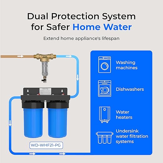 Waterdrop Spin Down Sediment Filter, Backwash Whole House Water Filter System for Well Water, 50 Micron+200 Micron, 1" MNPT + 3/4" FNPT + 3/4" MNPT, Traps Sand, BPA Free