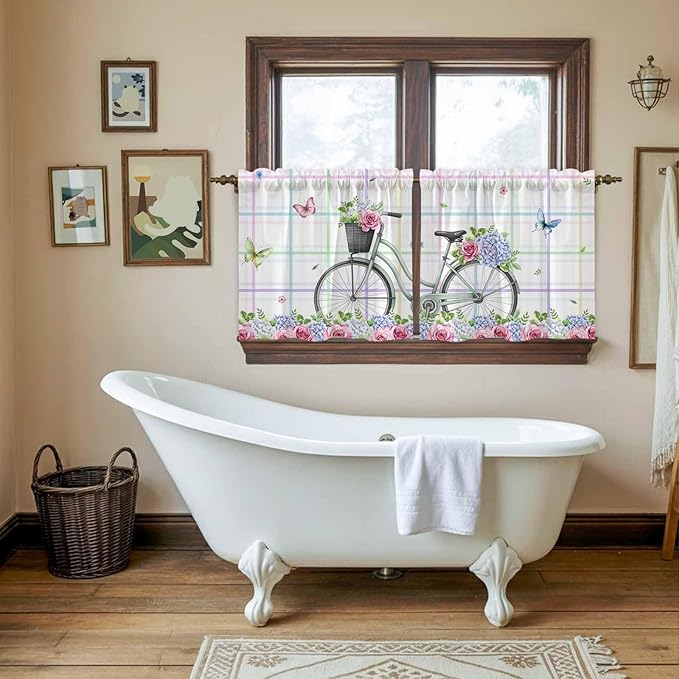 Spring Tier Curtains, Bicycles Botanical Leaves Rose Colorful Stripes Light Filtering Kitchen Curtains, 2Pcs Rod Pocket Half Window Treatments Panels for Sink Cafe Cabinet Camper 27.5x24 Inches
