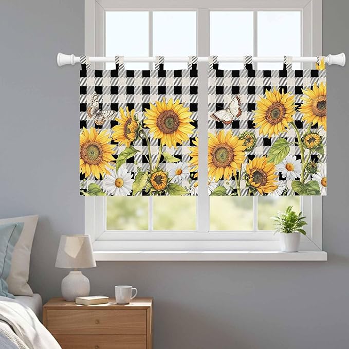 Sunflowers Kitchen Curtains 36 Inch Length, Small Window Curtains Tab Top, Yellow Flowers Butterfly Farmhouse Black Plaid Light Filtering Short Window Treatments Tier Drapes 27.5"x36" 2 Panel