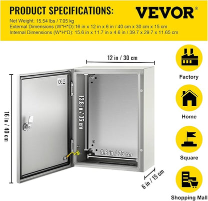 VEVOR Electrical Enclosure Box, 16'' ×12'' ×6'', Carbon Steel Hinged Junction Box, IP66 Waterproof & Dustproof, Outdoor Electrical Box, with Mounting Plate