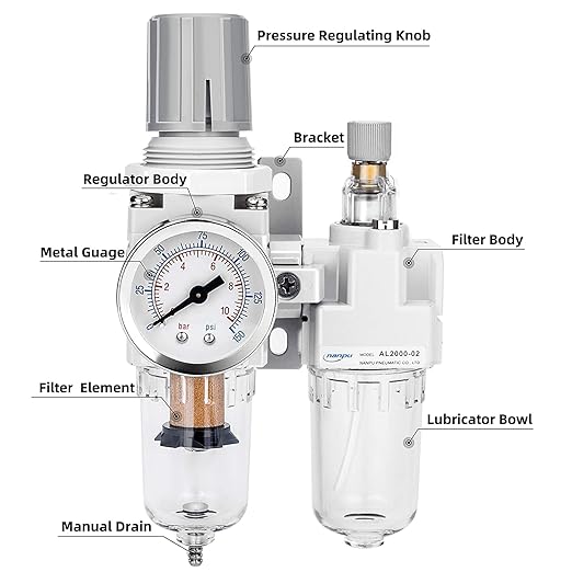 NANPU 1/4" NPT Compressed Air Filter Regulator Lubricator Combo, Water/Oil Trap Separator - Gauge(0-150 psi), Poly Bowl, Semi-Auto Drain, Bracket