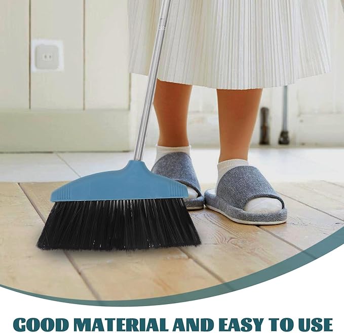 BESPORTBLE Soft Bristle Broom Dustpan Set Blue Floor Sweeping Broom Non-Stick Hair Design Home Kitchen Patio Garage Use