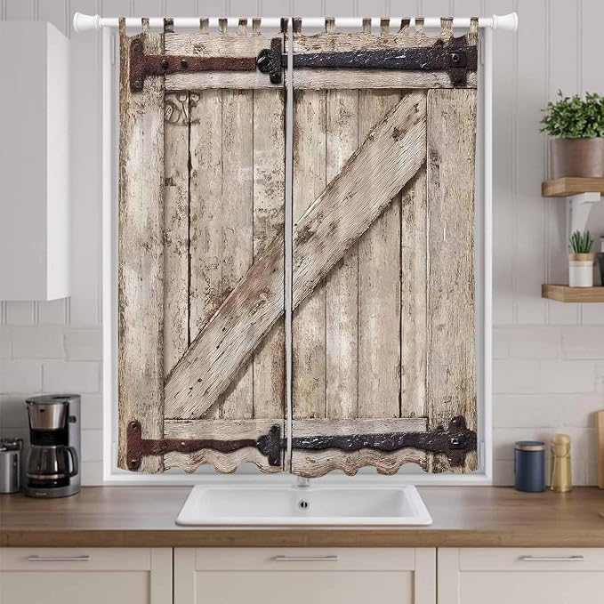 Farmhouse Wood Grain Living Room Curtains 96 Inch Length, Window Curtains Tab Top, Vintage Country Barn Gate Brown Light Filtering Window Treatments Drapes 52"x96" 2 Panel