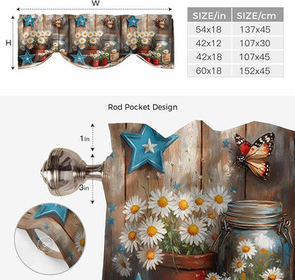 Country Flower Tie Up Valance for Window, Western Texas Star Butterfly Barn Door Adjustable Balloon Window Shade Valance Curtain for Kitchen Cafe Bathroom Window Treatment Panel 42''x18''