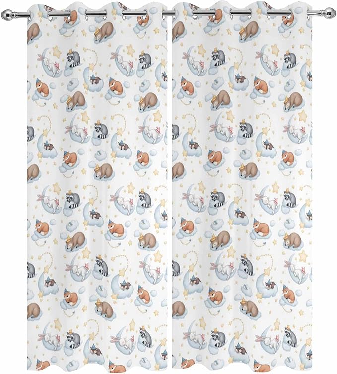 Cartoon Animals Outdoor Curtains for Patio Raccoons Rabbits Moon Waterproof Outside Curtains with Grommet Top Weatherproof Curtain for Cabana Pergola Gazebo, 2 Pack, 54" W x 84" L