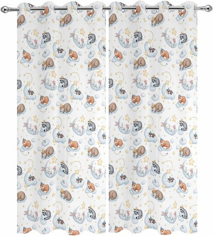 Cartoon Animals Outdoor Curtains for Patio Raccoons Rabbits Moon Waterproof Outside Curtains with Grommet Top Weatherproof Curtain for Cabana Pergola Gazebo, 2 Pack, 54" W x 84" L