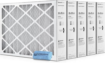 16x25x4 Air Filter Replacement MERV 11, FC100A1029 Pleated HVAC AC Furnace Filters with Wholesalehome Cleaning Cloth, 5-Pack (Actual Size: 15.94 x 24.86 x 4.38 Inches)
