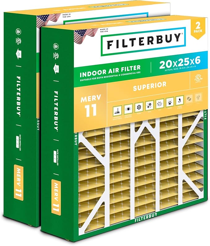 Filterbuy 20x25x6 Air Filter MERV 11 Superior Pet & Allergy Defense (2-Pack), Pleated HVAC AC Furnace Filters for AprilAire Space-Gard 201, 2200, 2250, & Lennox (Actual Size: 19.75 x 24.25 x 6.00)