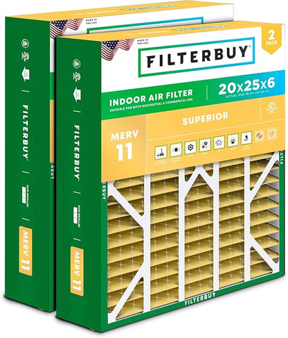Filterbuy 20x25x6 Air Filter MERV 11 Superior Pet & Allergy Defense (2-Pack), Pleated HVAC AC Furnace Filters for AprilAire Space-Gard 201, 2200, 2250, & Lennox (Actual Size: 19.75 x 24.25 x 6.00)