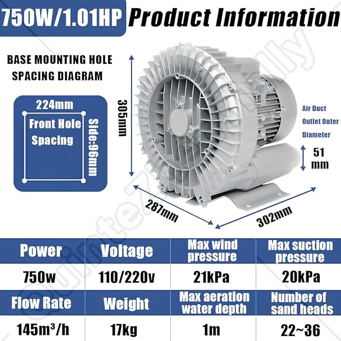Vortex Ring Regenerative Blower,Single Phase High-Pressure Industrial Vacuum Pump,Electric Air Pump,for Industrial Applications,Construction Sites,Fish Pond Aeration 750W/1.01HP