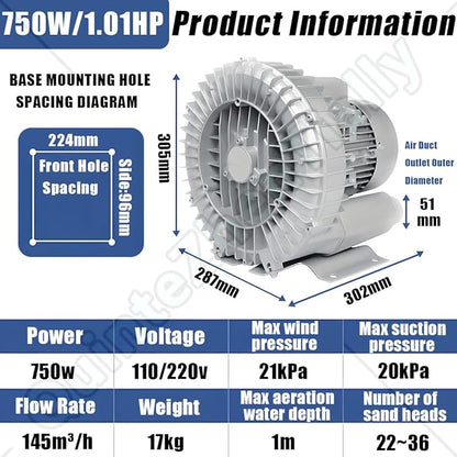 Vortex Ring Regenerative Blower,Single Phase High-Pressure Industrial Vacuum Pump,Electric Air Pump,for Industrial Applications,Construction Sites,Fish Pond Aeration 750W/1.01HP