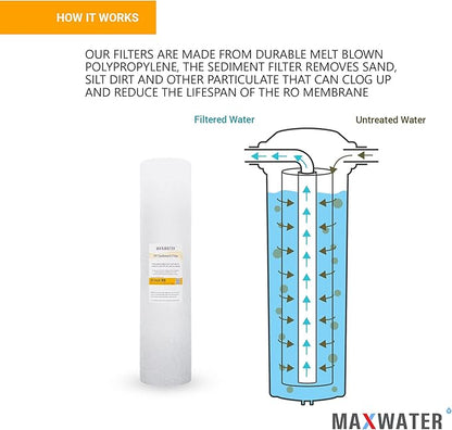 Max Water 10 Micron 20 x 4.5 Sediment Filter 20 inch Whole House BB Water Filteration System Replacement Compatible Cartridge DGD-5005-20, FP25B, AP810-6, FPMB5-20, P5-20, 155358-43, SDC-45-2005