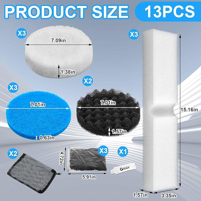 34 Pcs Aquarium Media Replacement Kit Compatible with Fluval Fx4 Fx5 Fx6, Quick Clear/Water Polishing Pads, Foam Pads, Carbon Sponge Filter, Activated Carbon, Silicone Lube, Mesh Bags