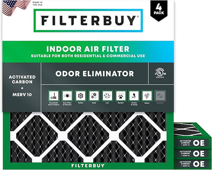 Filterbuy 20x20x1 Air Filter MERV 10 Odor & Allergy Defense with Activated Carbon (4-Pack), Electrostatic Pleated HVAC AC Furnace Filters Replacement, Made in USA (Actual Size: 19.50 x 19.50 x 0.75)