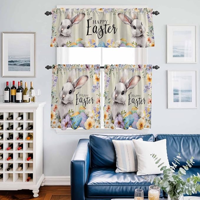 Easter Grey Bunny Kitchen Curtains Set 3 Piece for Windows,Rod Pocket Valance and Tier Set 24 Inch Length,Spring Colorful Eggs Flower Wooden Grain Light Filtering Cafe Curtains for Living Room