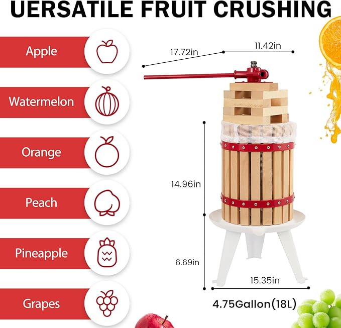 CAELUM Fruit Wine Press, 4.75 Gallon Wood Fruit and Cider Press Squeezer With T-Handle, Juice Maker, Wine Making Press Squeezer for Outdoor, Kitchen（Red）