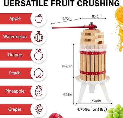 CAELUM Fruit Wine Press, 4.75 Gallon Wood Fruit and Cider Press Squeezer With T-Handle, Juice Maker, Wine Making Press Squeezer for Outdoor, Kitchen（Red）