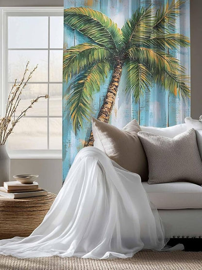 Sheer Curtains 63 Inch Length, Coastal Beach Tree Semi Sheer Curtains Light Filtering Window Treatment, Summer Tropical Starfish Wood Grain Privacy Voile Drapes for Living Room Bedroom 52x63 Inch