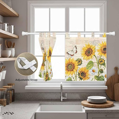 Yellow Sunflowers Kitchen Curtains 36 Inch Length, Small Window Curtains Tab Top, Country Farm Butterfly Flower Light Beige Light Filtering Short Window Treatments Tier Drapes 27.5"x36" 2 Panel