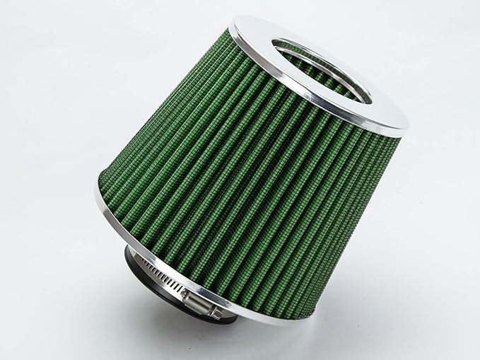 Rtunes Racing Universal Clamp-On Air Filter, Standard Cone, Dry Washable Design, Multiple Inlet Sizes (Green, 3.25" Inch)