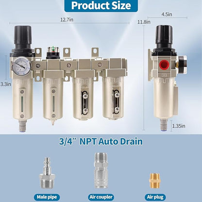 3/4" NPT Industrial Grade 4 Stage Air Compressor Drying System, 0-240 PSI, Particulate & Coalescing Filters, Auto Drain Air Compressor Water Separator System Filter Oil for Paint Spray＆ Plasma Cutter