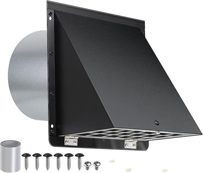 6 Inch Hooded Wall Vent with Mesh and Damper,6'' Exhaust Vent Cover,6in Dryer Vent Cover Outside Metal Wall Exhaust Duct Cap for Kitchen Range Hood/Bathroom Exhaust/Laundry-Galvanized Steel,Black