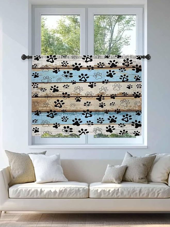 Sheer Curtains 54 Inch Length, Blue Brown Paw Prints Semi Sheer Curtains Light Filtering Window Treatment, Vintage Farmhouse Rustic Wooden Grain Privacy Voile Drapes for Living Room Bedroom 52x54 Inch
