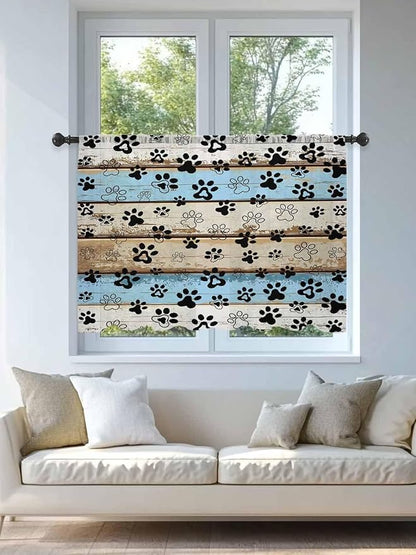 Sheer Curtains 54 Inch Length, Blue Brown Paw Prints Semi Sheer Curtains Light Filtering Window Treatment, Vintage Farmhouse Rustic Wooden Grain Privacy Voile Drapes for Living Room Bedroom 52x54 Inch