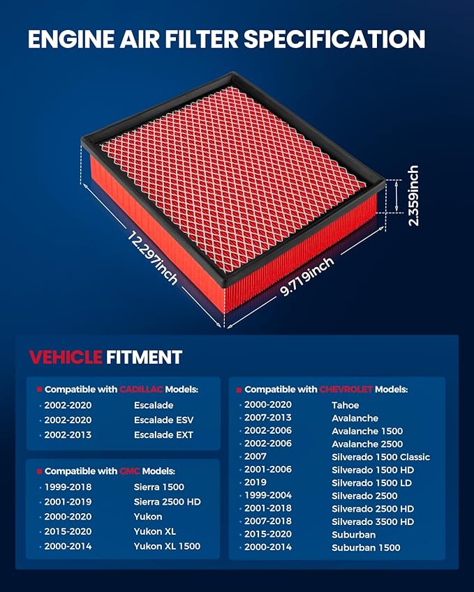 KAX Premium Engine Air Filter, GAF027 (CA8755A) Replacement for Silverado, Suburban, Sierra, Yukon, Avalanche 1500/2500/3500, Tahoe, Escalade (V6/V8), 200% Longer Life