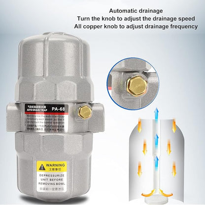 Universal Automatic Drain Valve Pneumatic Filter, 1/2in NPT Interface Drainage Valve for Compressed Air Systems, Aluminum Alloy Shell with Adjustable Brass Knob, 0-16Bar Working