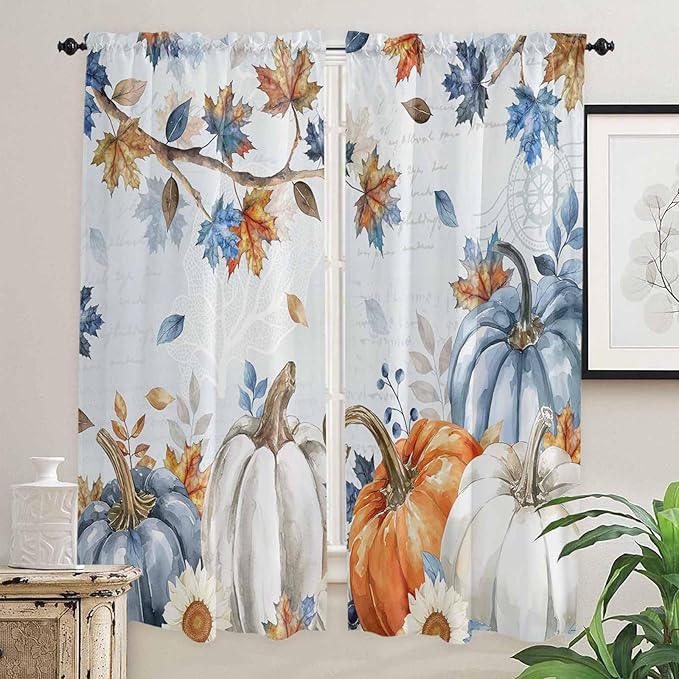 Fall Blue Maple Window Curtains 72 Inch Long 2 Panel Set,Rod Pocket Long Curtains & Drapes,Thanksgiving Pumpkins Daisy Country Leaves Window Treatment for Bedroom Living Room 52"W x 72"L
