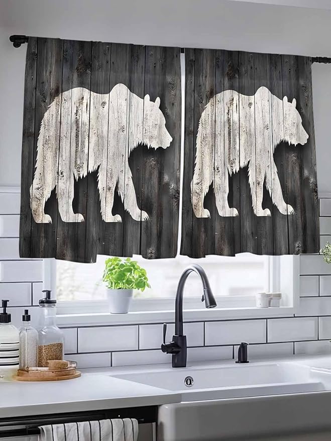 Sheer Curtains 45 Inch Length, White Brown Bear Semi Sheer Curtains Light Filtering Window Treatment, Farmhouse Country Rustic Wooden Grain Privacy Voile Drapes for Living Room Bedroom 52x45 Inch