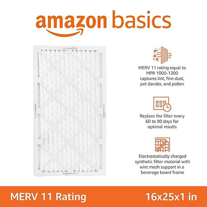 Amazon Basics 16x25x1 Air Filter 6 Pack, MERV 11 AC Furnace Filters (Actual Size: 15.75" x 24.75" x 0.75")