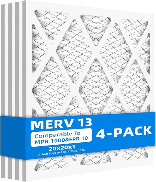 (4-Pack) 20x20x1 Furnace Air Filters, MPR 1900 & FPR 10, MERV 13 Pleated Air Filter (Actual Size: 19.75" x 19.75" x 0.75")