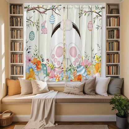 Easter Window Curtains 63 Inch Long 2 Panel Set, Rod Pocket Bedroom Curtains & Drapes, Spring Farmhouse Watercolor Bunny Eggs Wood Grain Light Filtering Window Treatment for Living Room 42"W x 63"L