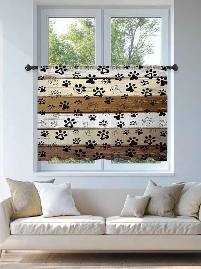 Sheer Curtains 45 Inch Length, Brown Beige Farmhouse Semi Sheer Curtains Light Filtering Window Treatment, Black Dog Paw Vintage Wooden Privacy Voile Drapes for Living Room Bedroom 52x45 Inch