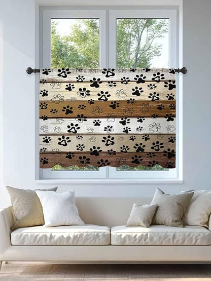 Sheer Curtains 45 Inch Length, Brown Beige Farmhouse Semi Sheer Curtains Light Filtering Window Treatment, Black Dog Paw Vintage Wooden Privacy Voile Drapes for Living Room Bedroom 52x45 Inch