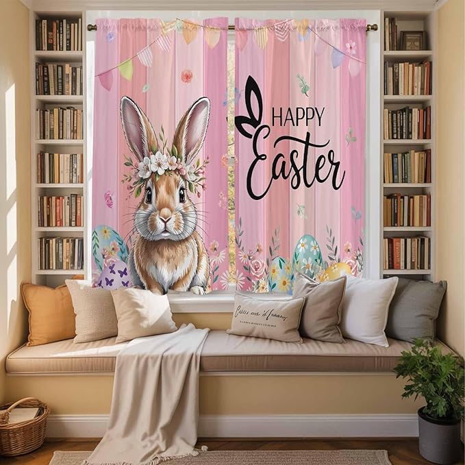 Easter Kitchen Curtains, Spring Rabbit Eggs Flowers Flags Leaves Wood Grain Light Filtering Window Curtain Panels, 2Pcs Rod Pocket Window Treatments Set for Living Room Bathroom Bedroom 42x63 Inches