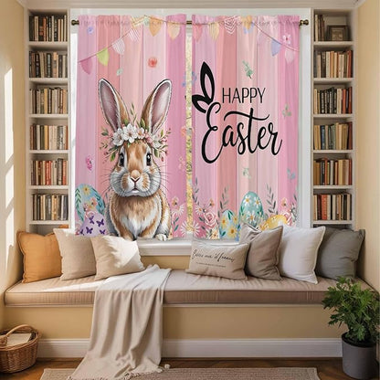 Easter Kitchen Curtains, Spring Rabbit Eggs Flowers Flags Leaves Wood Grain Light Filtering Window Curtain Panels, 2Pcs Rod Pocket Window Treatments Set for Living Room Bathroom Bedroom 42x63 Inches