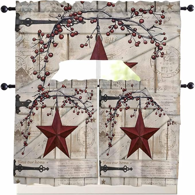 Village Stars Swag Kitchen Curtains Valance and Tier Set, Vintage Dark Red Star Berry Beige Barn Doors Light-Filtering Swag Valance 24 Inch Length, Rod Pocket Short Curtain for Bedroom Cafe