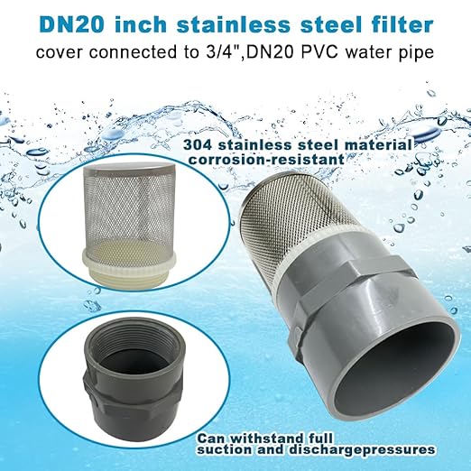 DN20 inch Stainless Steel Filter Cover Connected to 3/4" DN20 Grey PVC Water Pipe, Suction Strainers Used to Remove Debris and Reduce Solid Entry(1pcs)