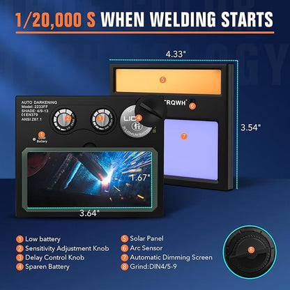 TRQWH Welding Lens - Solar Auto Darkening Welding Helmet Lens True Color Technology with 2 Arc Sensor Ajustable Shade Range 4/9-13 Automatic LCD Lens Dimming Shade Filter 4.33x3.54in Auto Welding Lens