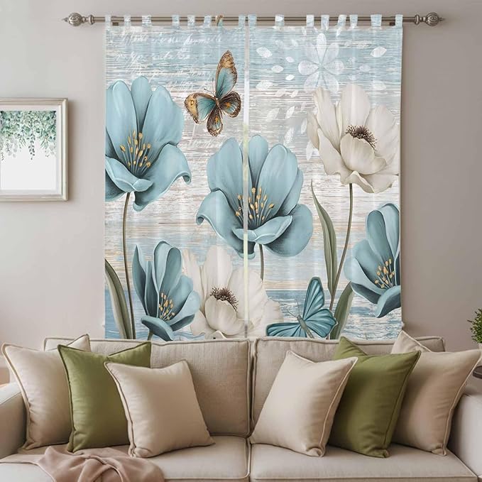 Spring Floral Living Room Curtains 84 Inch Length, Window Curtains Tab Top, Vintage Tulips Flower Butterfly Retro Wood Blue Light Filtering Window Treatments Drapes 52"x84" 2 Panel