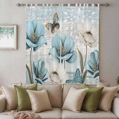 Spring Floral Living Room Curtains 84 Inch Length, Window Curtains Tab Top, Vintage Tulips Flower Butterfly Retro Wood Blue Light Filtering Window Treatments Drapes 52"x84" 2 Panel