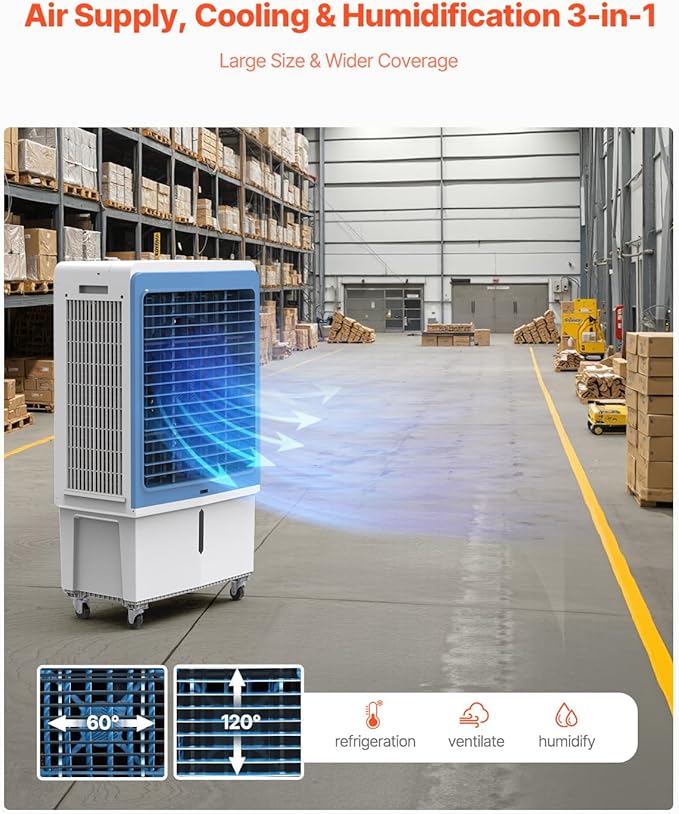 VEVOR Evaporative Air Cooler, 4129 CFM with 12.7 Gallon Water Tank Swamp Cooler, Portable Cooling Fan with Remote Control, 12H Timer, 4 Ice Boxes, Quiet Operation, 3 Wind Speeds for Outdoor Indoor Use