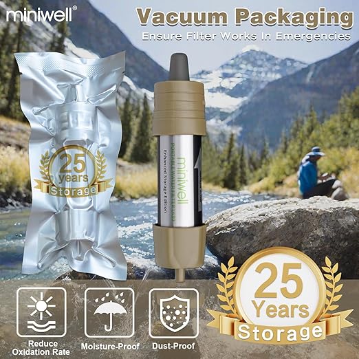 Miniwell L630 Portable Water Filter with Upgraded Vacuum Packaging - 25 Year Storage, Long Lasting and Versatile Usage Options, 3 Pack Filter and 1L Bottles